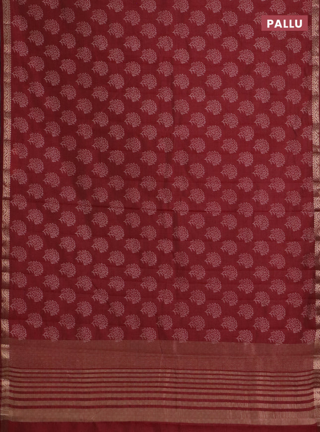 Semi raw silk saree maroon with floral butta prints and zari woven border