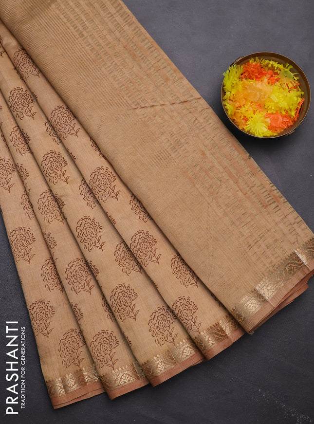 Semi raw silk saree sandal with floral butta prints and zari woven border