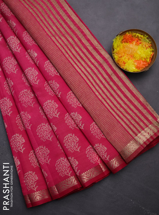 Semi raw silk saree pink with floral butta prints and zari woven border