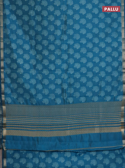 Semi raw silk saree cs blue with floral butta prints and zari woven border