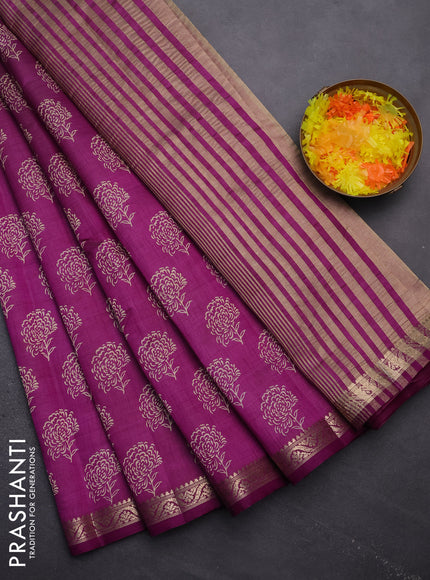 Semi raw silk saree purple with floral butta prints and zari woven border