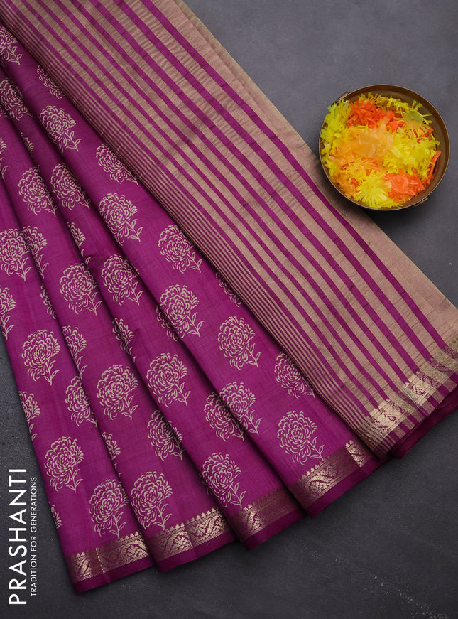 Semi raw silk saree purple with floral butta prints and zari woven border