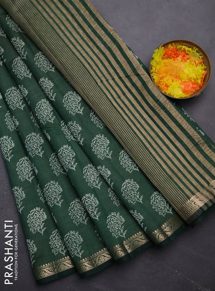 Semi raw silk saree green with floral butta prints and zari woven border