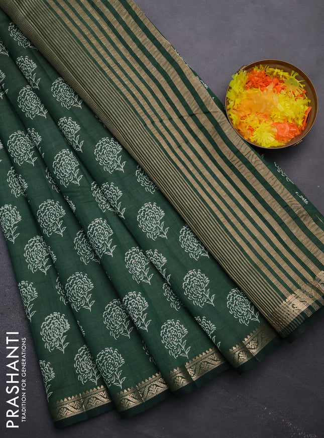Semi raw silk saree green with floral butta prints and zari woven border
