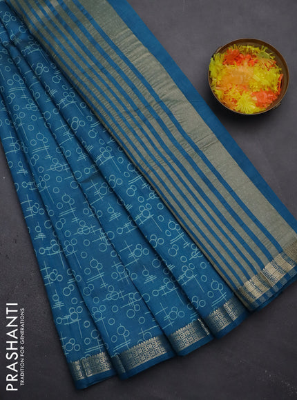 Semi raw silk saree cs blue with geometric prints and zari woven border
