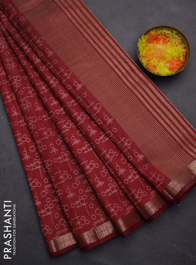 Semi raw silk saree maroon with geometric prints and zari woven border