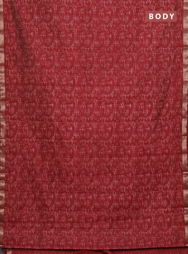 Semi raw silk saree maroon with geometric prints and zari woven border