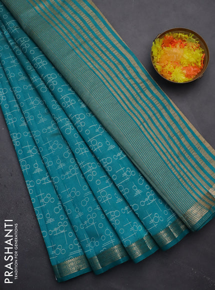 Semi raw silk saree teal blue with geometric prints and zari woven border