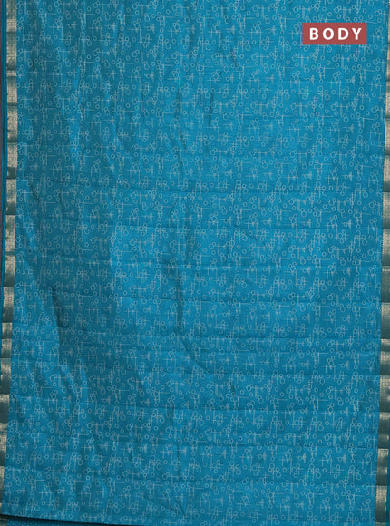 Semi raw silk saree teal blue with geometric prints and zari woven border