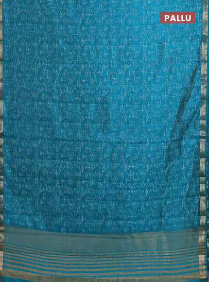 Semi raw silk saree teal blue with geometric prints and zari woven border
