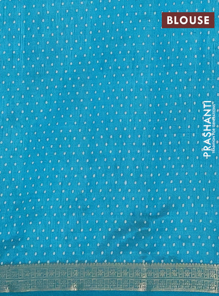 Semi raw silk saree teal blue with geometric prints and zari woven border