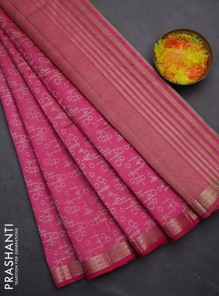 Semi raw silk saree pink with geometric prints and zari woven border
