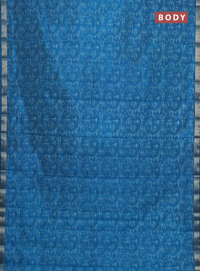 Semi raw silk saree cs blue with geometric prints and zari woven border