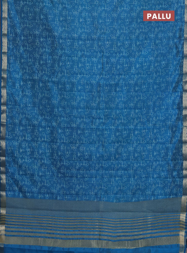Semi raw silk saree cs blue with geometric prints and zari woven border