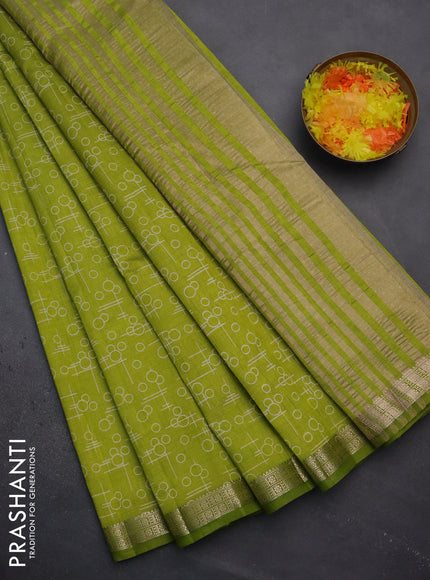Semi raw silk saree fluorescent green with geometric prints and zari woven border