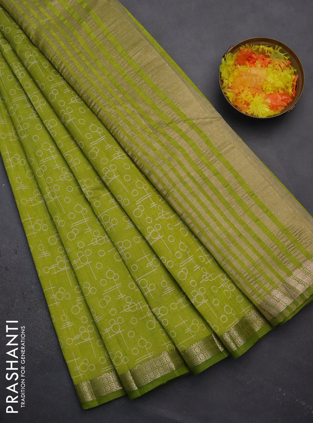 Semi raw silk saree fluorescent green with geometric prints and zari woven border
