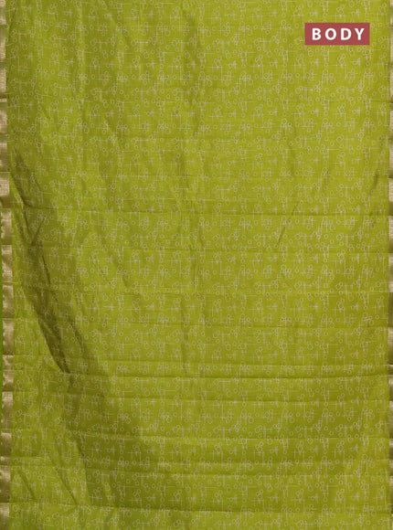 Semi raw silk saree fluorescent green with geometric prints and zari woven border