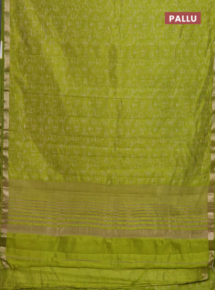 Semi raw silk saree fluorescent green with geometric prints and zari woven border