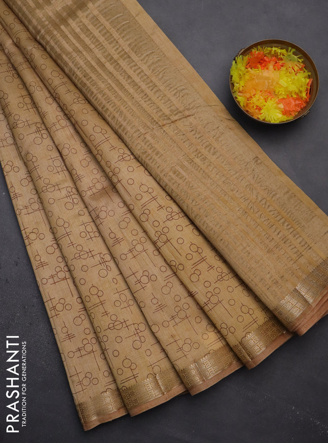 Semi raw silk saree sandal with geometric prints and zari woven border