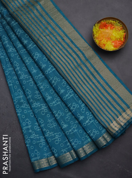 Semi raw silk saree cs blue with geometric prints and zari woven border