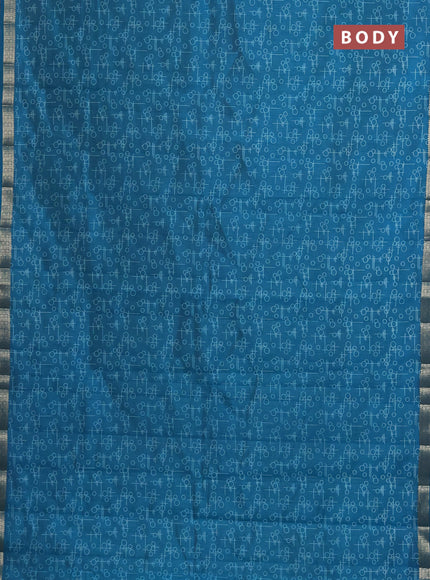 Semi raw silk saree cs blue with geometric prints and zari woven border