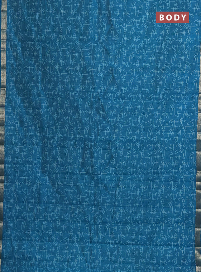 Semi raw silk saree cs blue with geometric prints and zari woven border