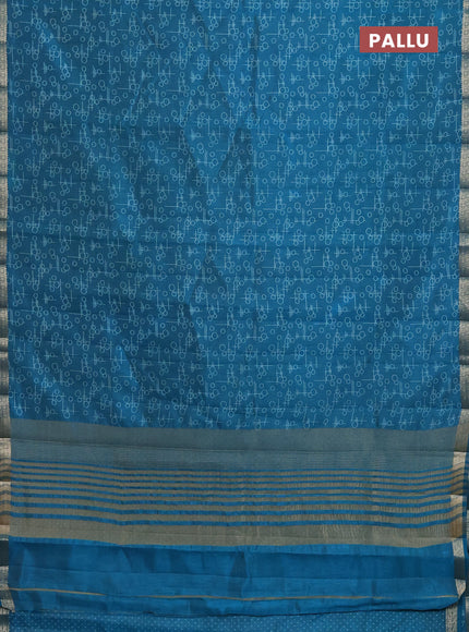 Semi raw silk saree cs blue with geometric prints and zari woven border