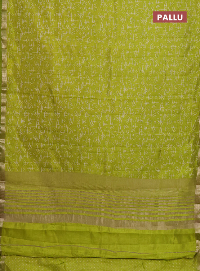 Semi raw silk saree fluorescent green with geometric prints and zari woven border