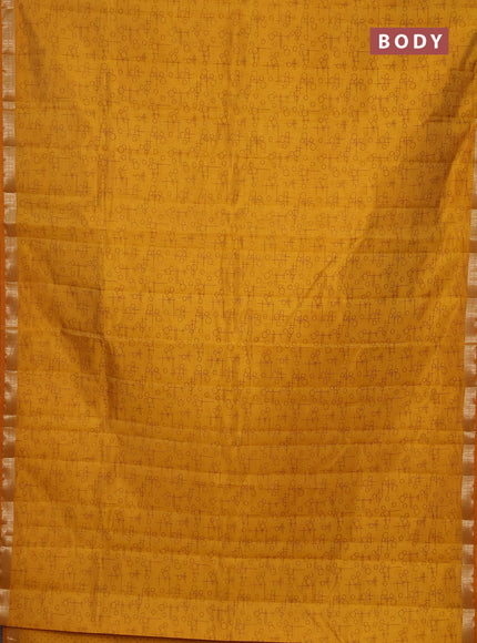 Semi raw silk saree mustard yellow with geometric prints and zari woven border