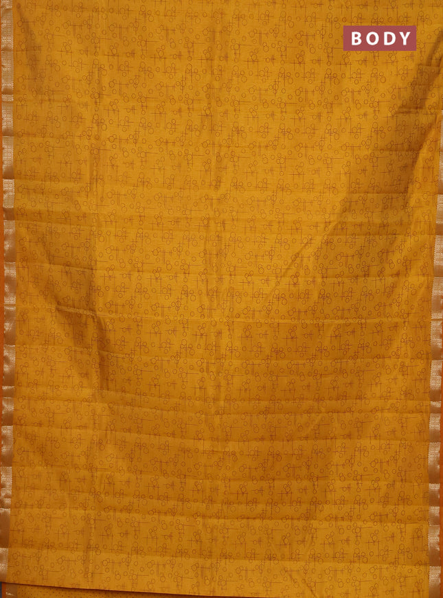 Semi raw silk saree mustard yellow with geometric prints and zari woven border