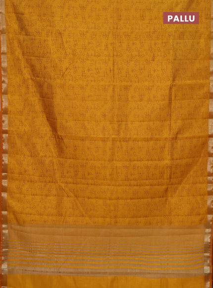 Semi raw silk saree mustard yellow with geometric prints and zari woven border