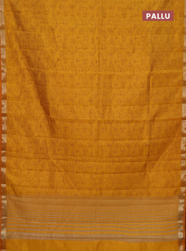 Semi raw silk saree mustard yellow with geometric prints and zari woven border
