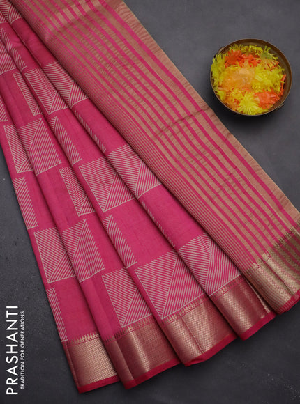 Semi raw silk saree pink with geometric prints and zari woven border