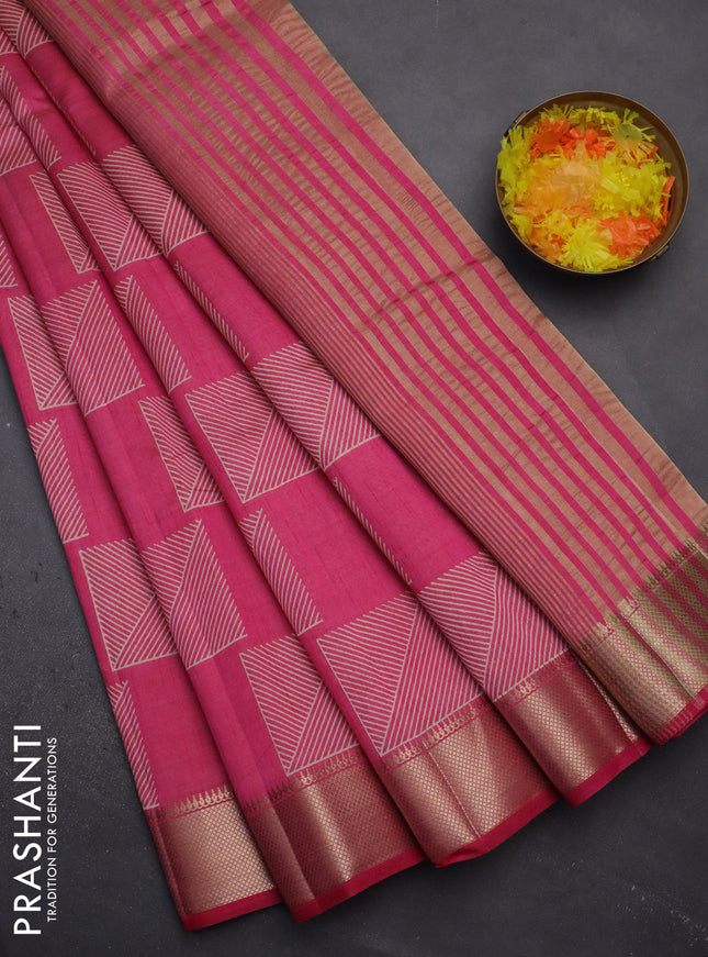 Semi raw silk saree pink with geometric prints and zari woven border