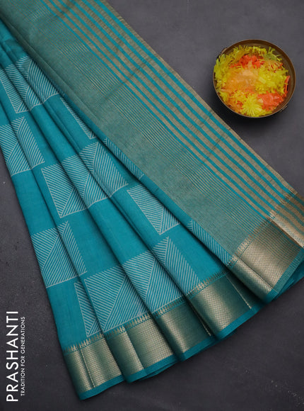 Semi raw silk saree teal blue with geometric prints and zari woven border