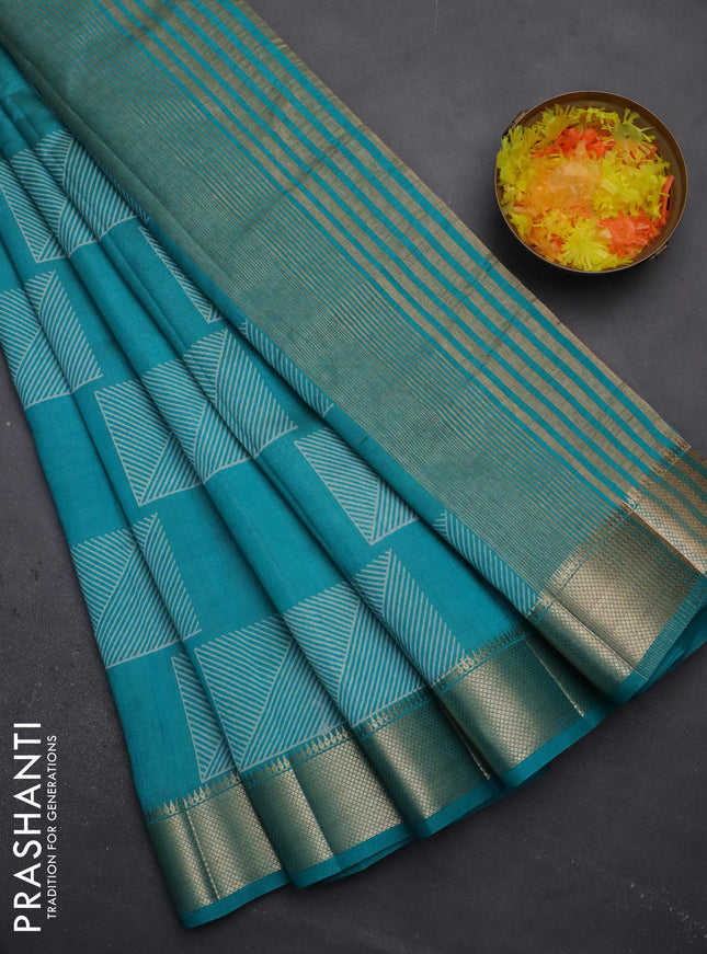 Semi raw silk saree teal blue with geometric prints and zari woven border