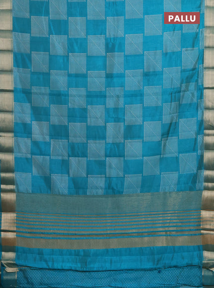 Semi raw silk saree teal blue with geometric prints and zari woven border