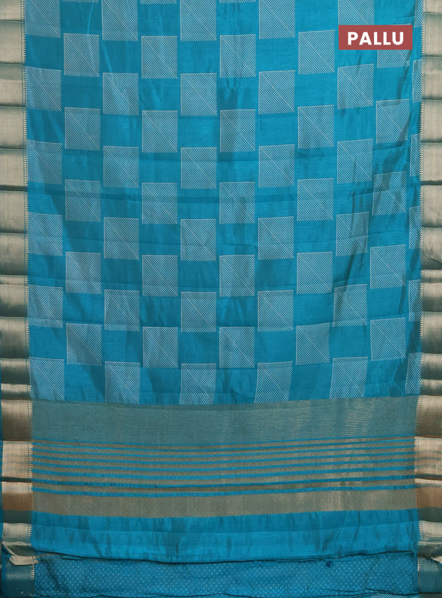 Semi raw silk saree teal blue with geometric prints and zari woven border