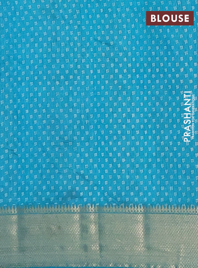 Semi raw silk saree teal blue with geometric prints and zari woven border