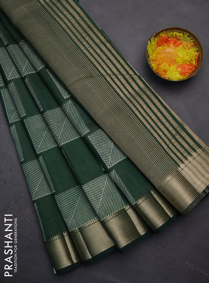Semi raw silk saree green with geometric prints and zari woven border