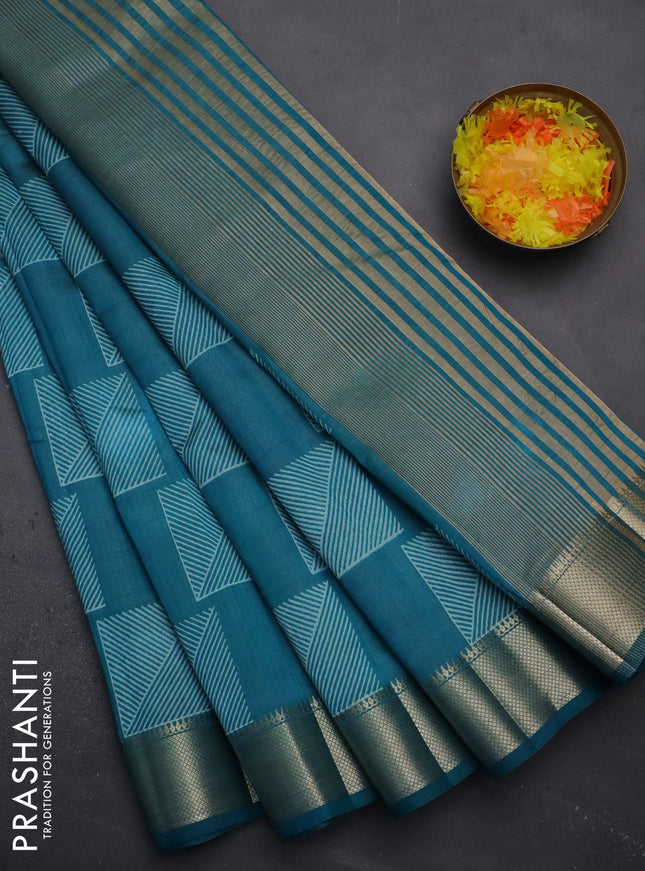 Semi raw silk saree cs blue with geometric prints and zari woven border