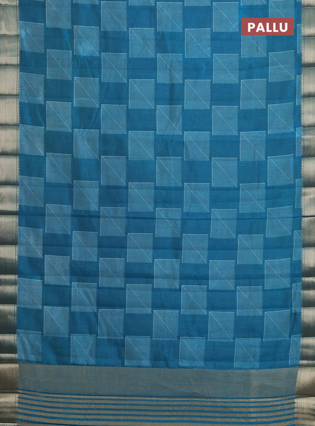 Semi raw silk saree cs blue with geometric prints and zari woven border