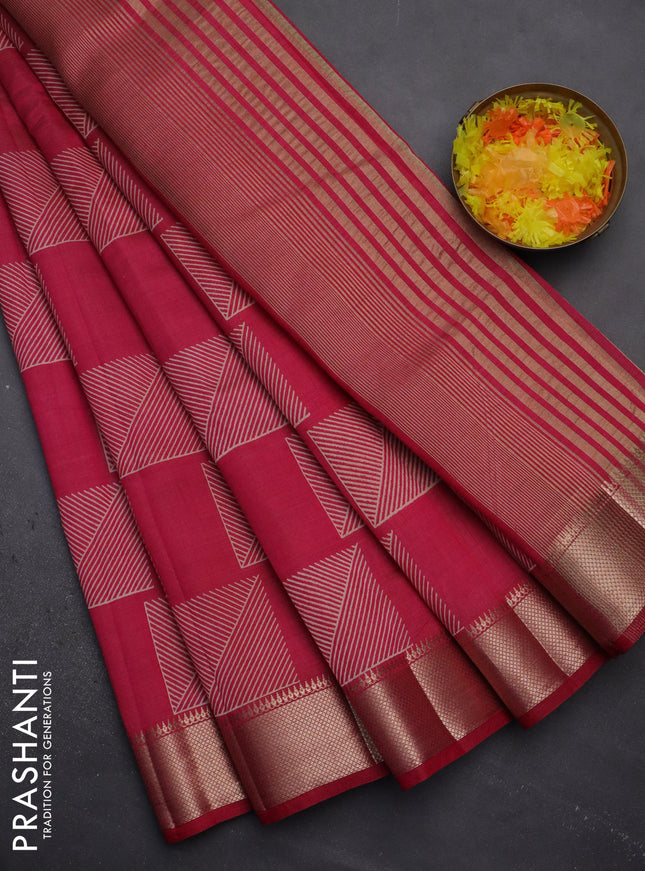 Semi raw silk saree pink with geometric prints and zari woven border