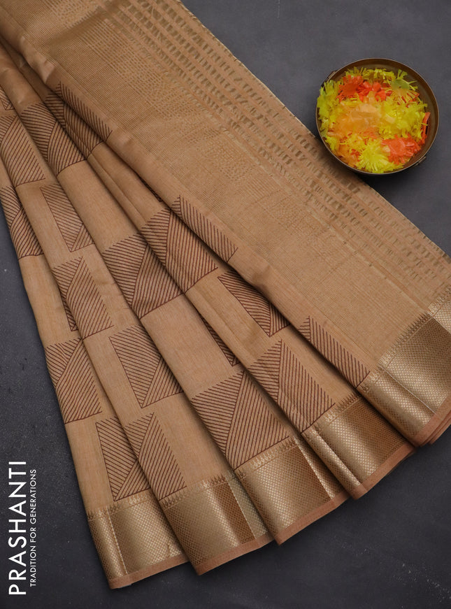 Semi raw silk saree sandal with geometric prints and zari woven border