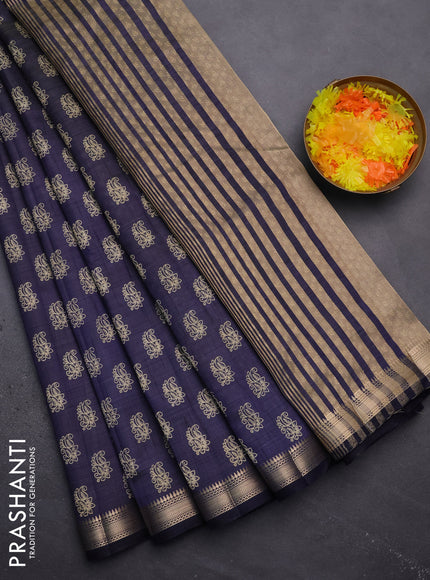 Semi raw silk saree navy blue with allover paisley butta prints and zari woven border