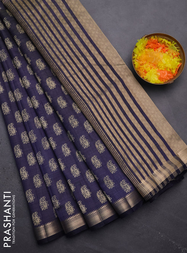 Semi raw silk saree navy blue with allover paisley butta prints and zari woven border