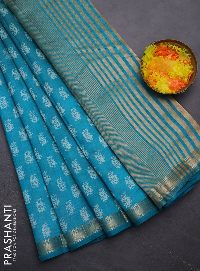 Semi raw silk saree teal blue with allover paisley butta prints and zari woven border