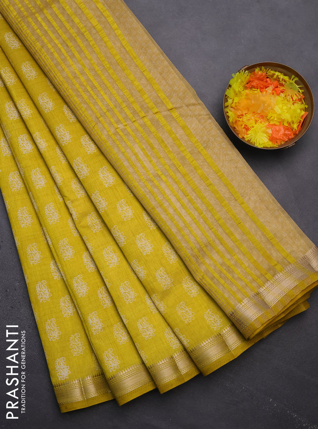 Semi raw silk saree mustard yellow with allover paisley butta prints and zari woven border