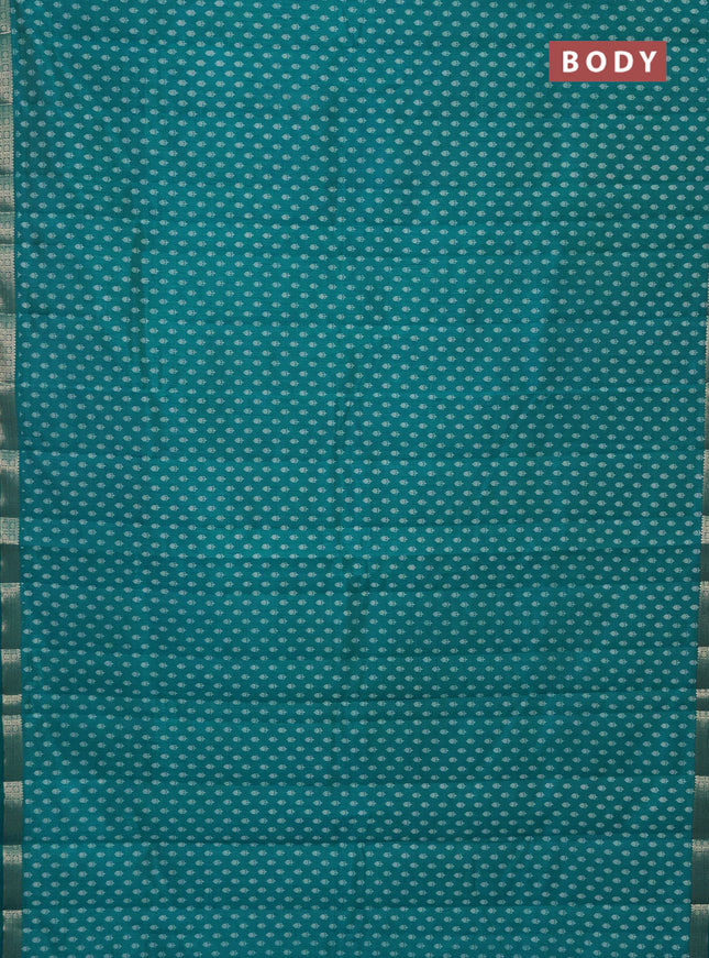 Semi raw silk saree teal blue with allover butta prints and zari woven border