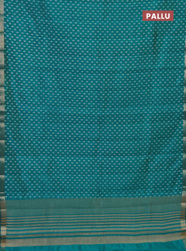 Semi raw silk saree teal blue with allover butta prints and zari woven border